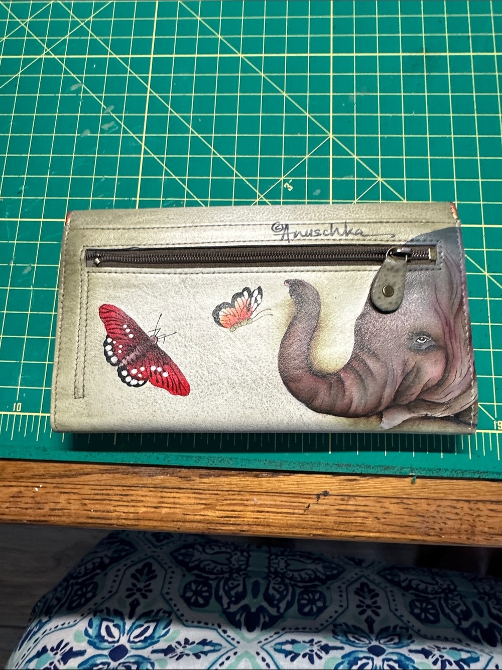 Anuschka Painted Elephant & Butterfly Wallet in Light Gray with Red Accents